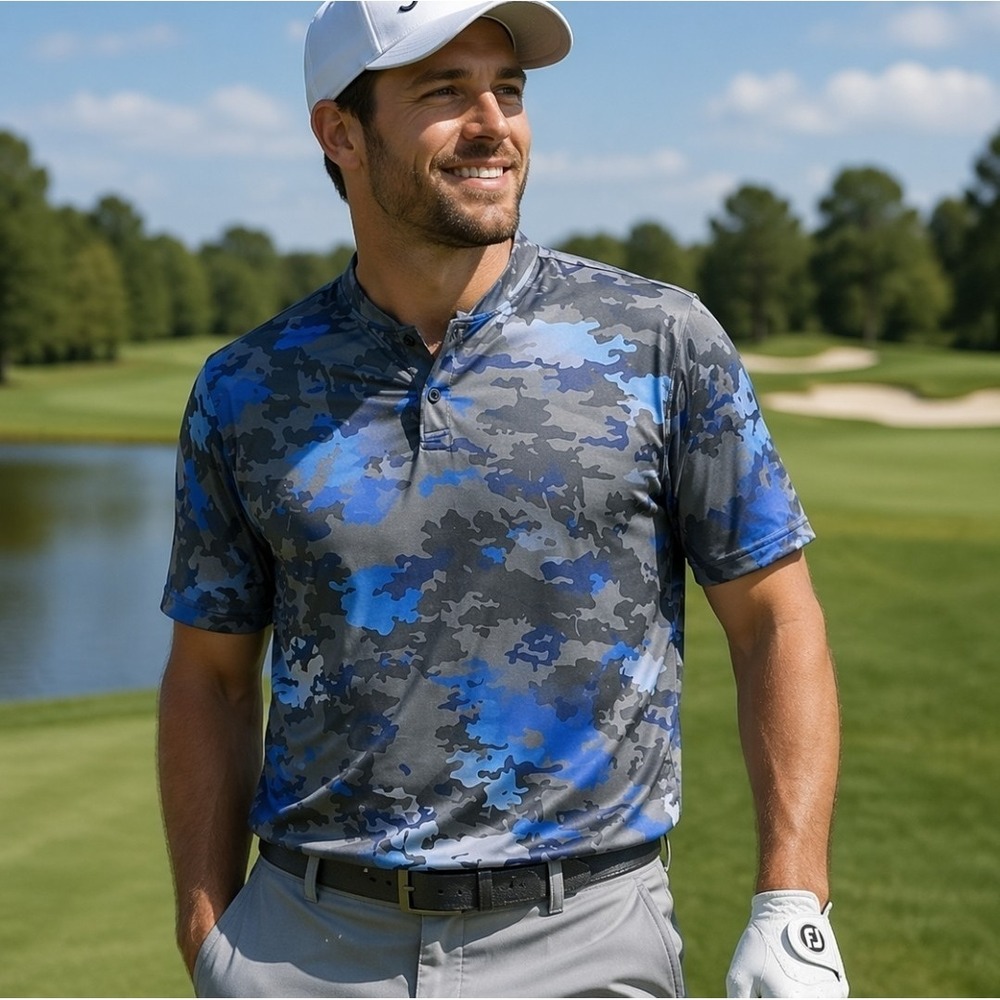 Greater Half Golf Polo Shirt 2XL Blue Camo Mens Performance Henley Short Sleeve